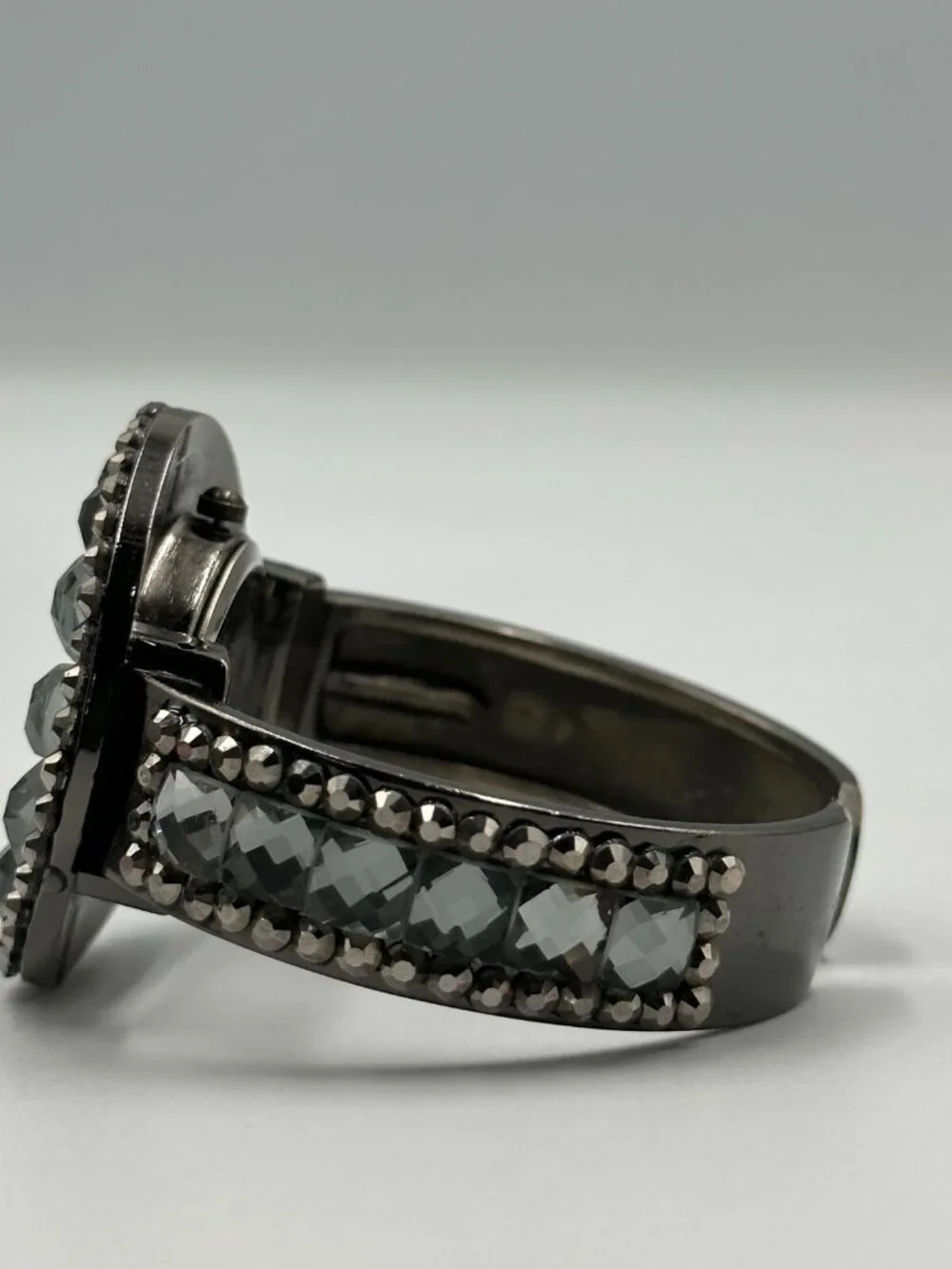 Cannes Rhinestone Watch Women Gunmetal Hinged Cuff Band New Battery 6.5